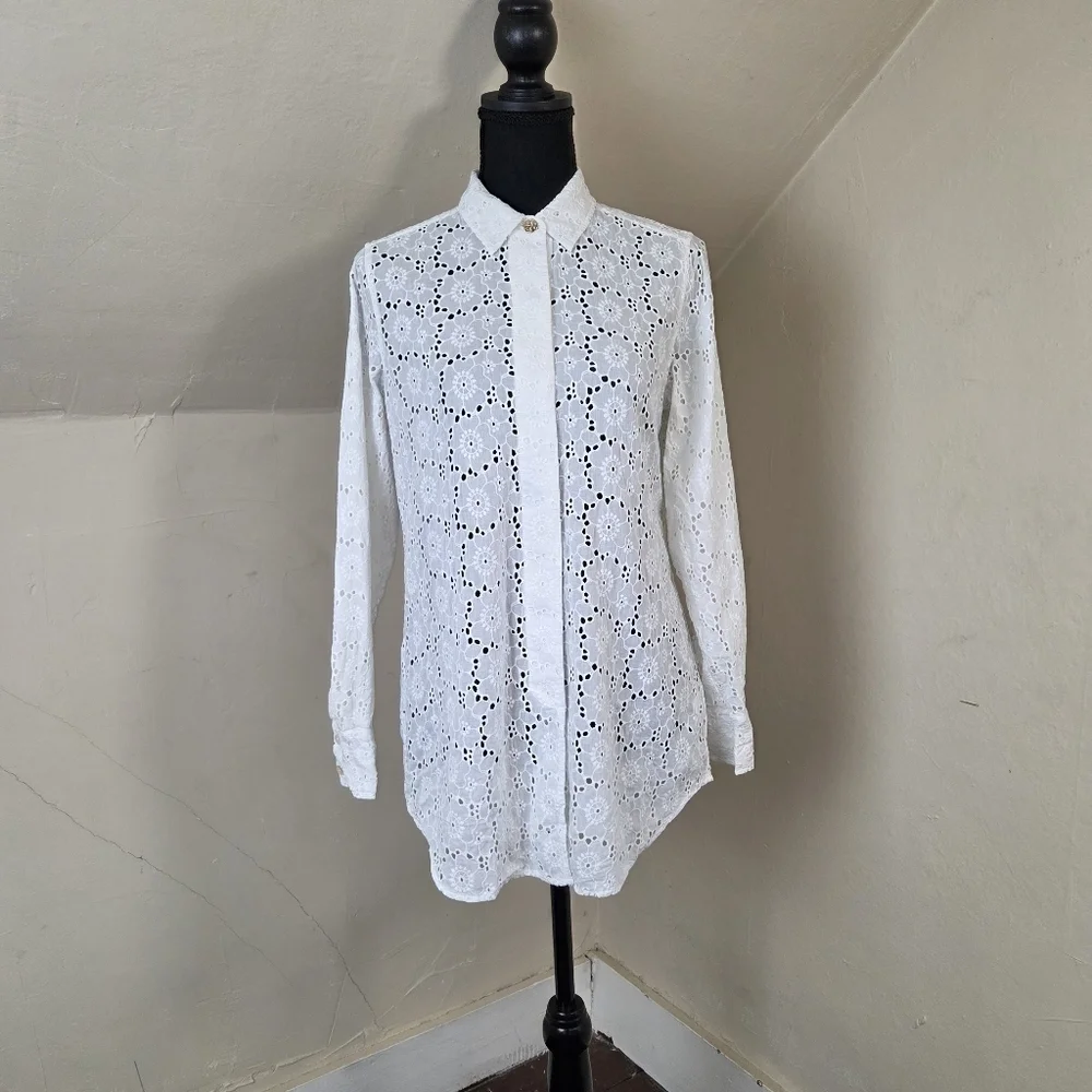 TORY BURCH White Eyelet Cotton Hidden Placket Shirt Size XS